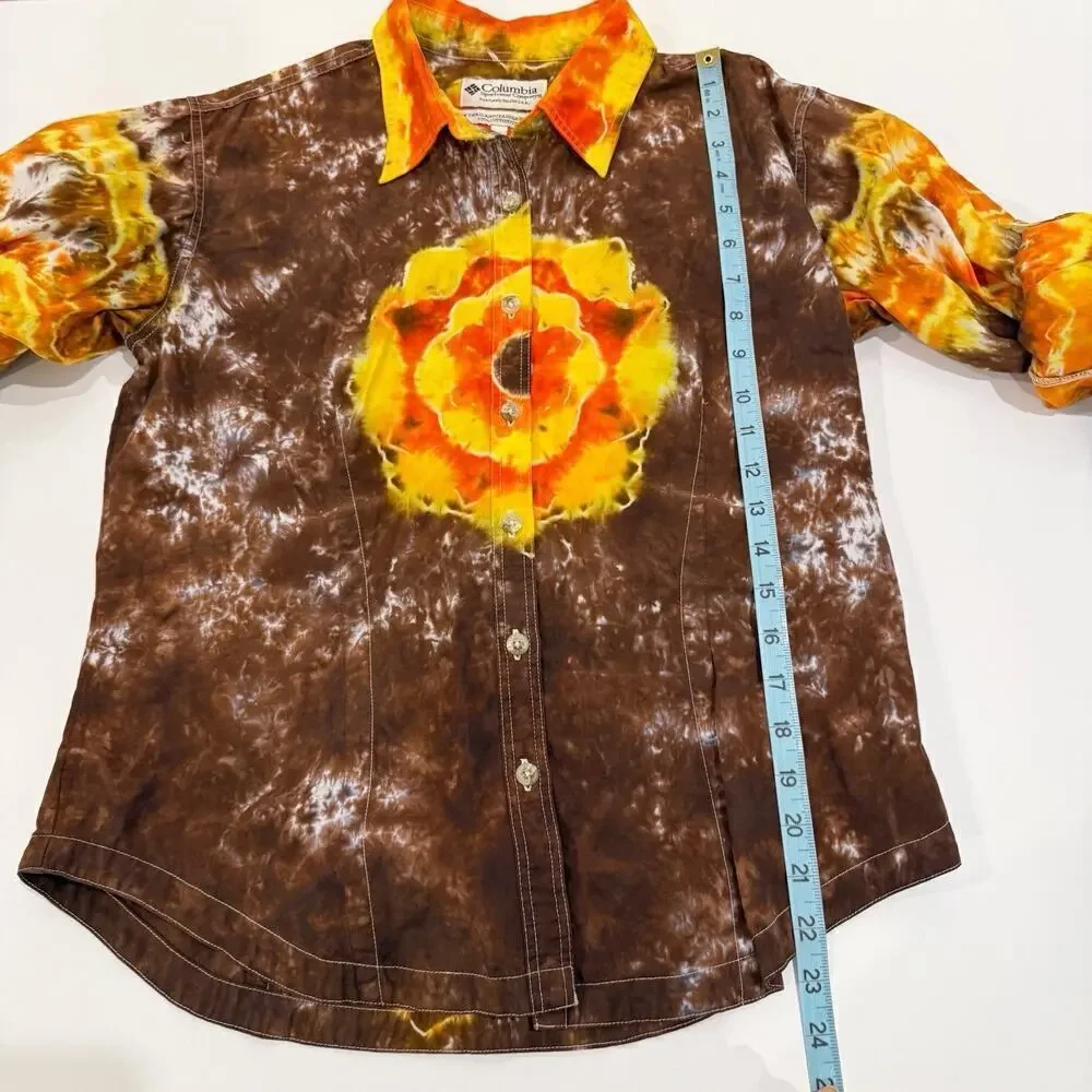 Vintage 90s Tie Dye Top Shirt Size Medium Brown Orange Cotton Hippie Artsy Boho